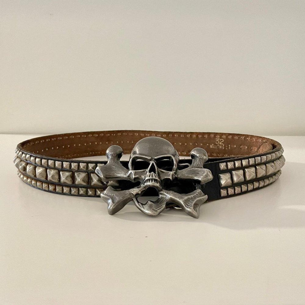 Vintage Silver Skull Studded Leather Belt  Y2K &  Made In USA Unisex